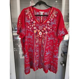 John Mark Women's Shirt Red XL Embroidered Floral Short Sleeve Boho